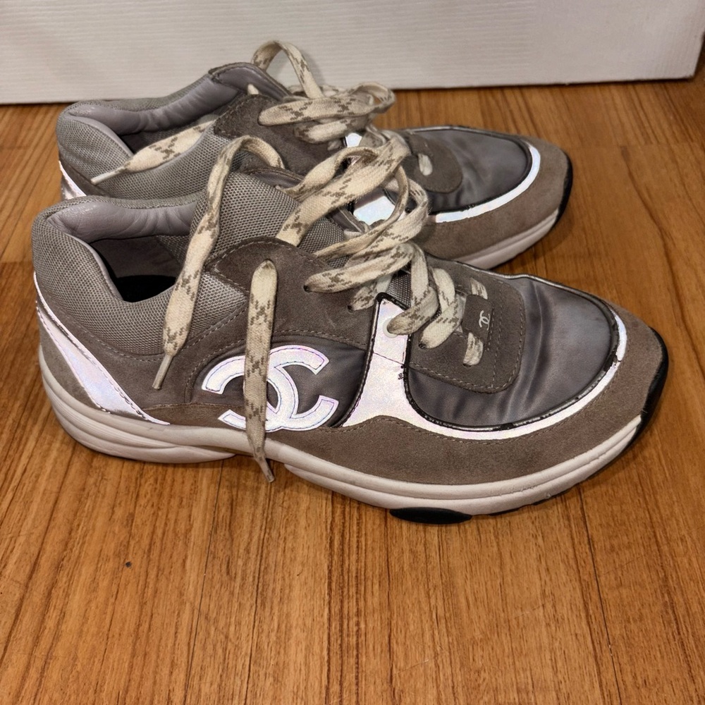 CHANEL Taupe and White Sneakers